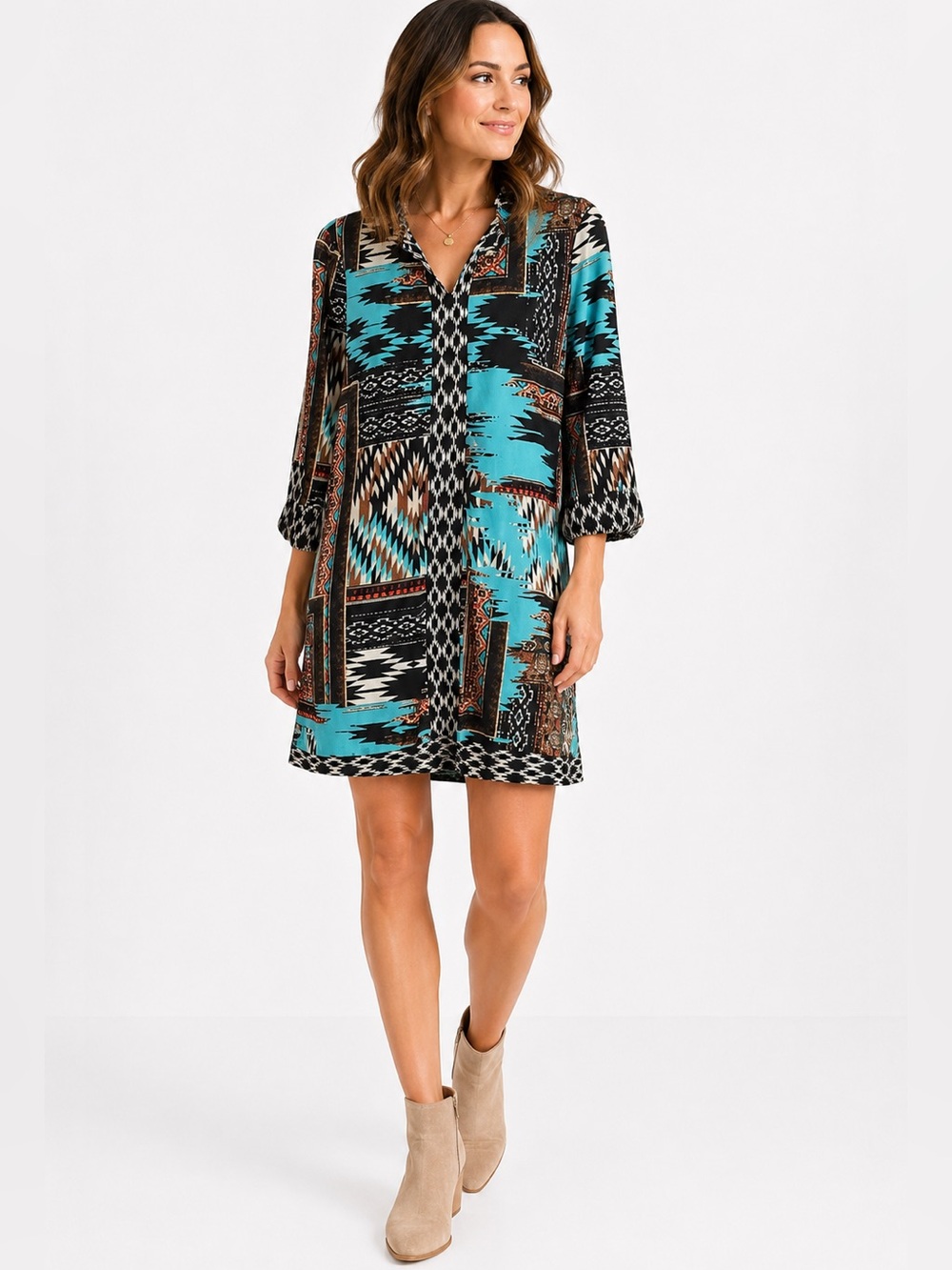 Boho Western Shift Dress S Turquoise Aztec Southwestern Cowgirl Festival